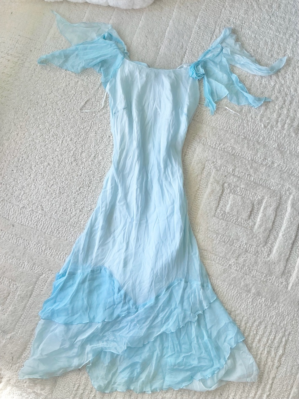 100% silk Light Blue Chiffon ruffle Flutter Sleeve midi Dress y2k style rose